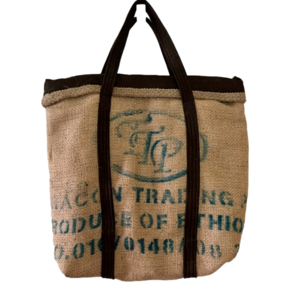 NWOT Handcrafted Coffee Bean Bag Tote- Turquoise & Chocolate Brown